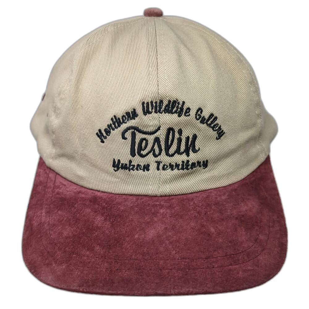 AJM Baseball Cap Beige Red OSFM Leather Brim Teslin Yukon Wildlife Gallery Hat